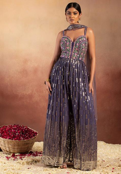 Purple Sequin And Mirror Embroidered Jumpsuit