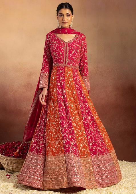 Red Sequin And Zari Floral Embroidered Anarkali With Embroidered Dupatta