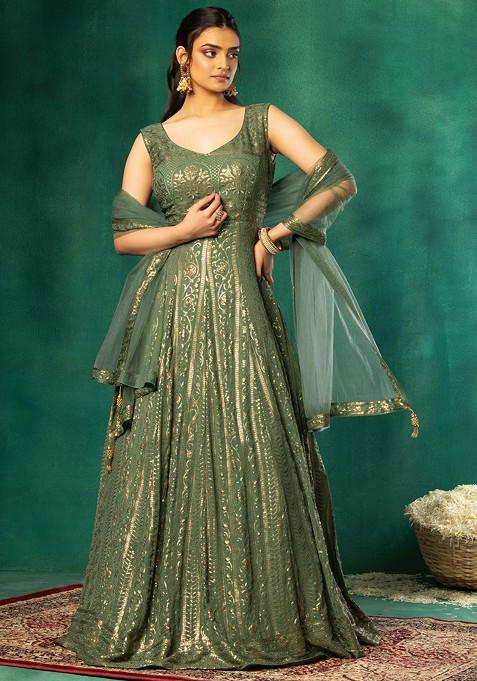 Pastel Green Abstract Sequin Embroidered Anarkali With Mesh Dupatta
