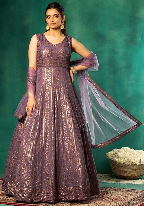 Mauve Abstract Sequin Embroidered Anarkali With Mesh Dupatta