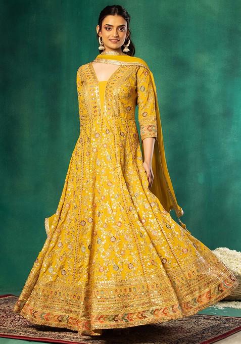 Mustard Yellow Zari And Sequin Floral Embroidered Anarkali With Dupatta