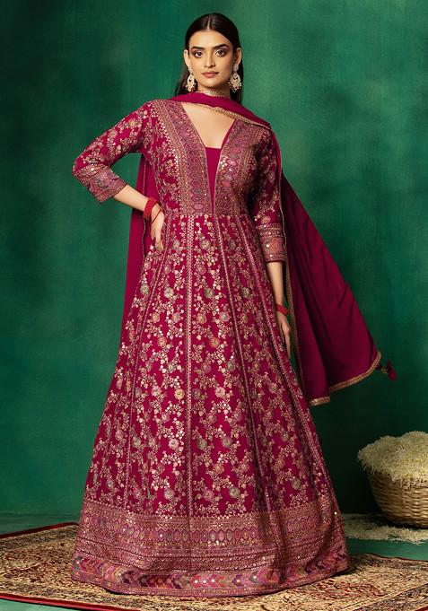 Maroon Zari And Sequin Floral Embroidered Anarkali With Dupatta