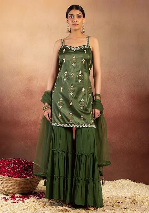 Green Tiered Sharara Set With Bead Embroidered Kurta And Dupatta