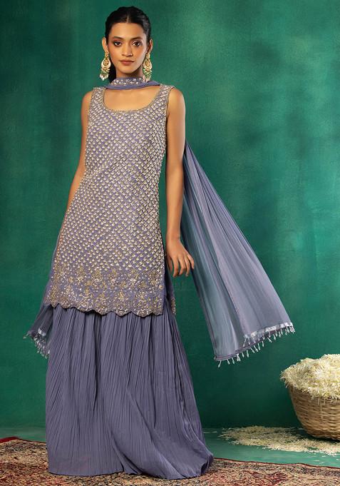 Powder Blue Pleated Sharara Set With Sequin Embellished Kurta And Dupatta