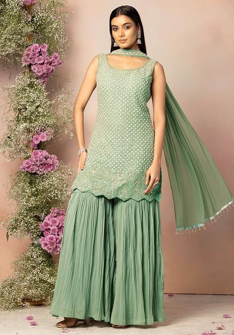 Pastel Green Pleated Sharara Set With Sequin Embellished Kurta And Dupatta