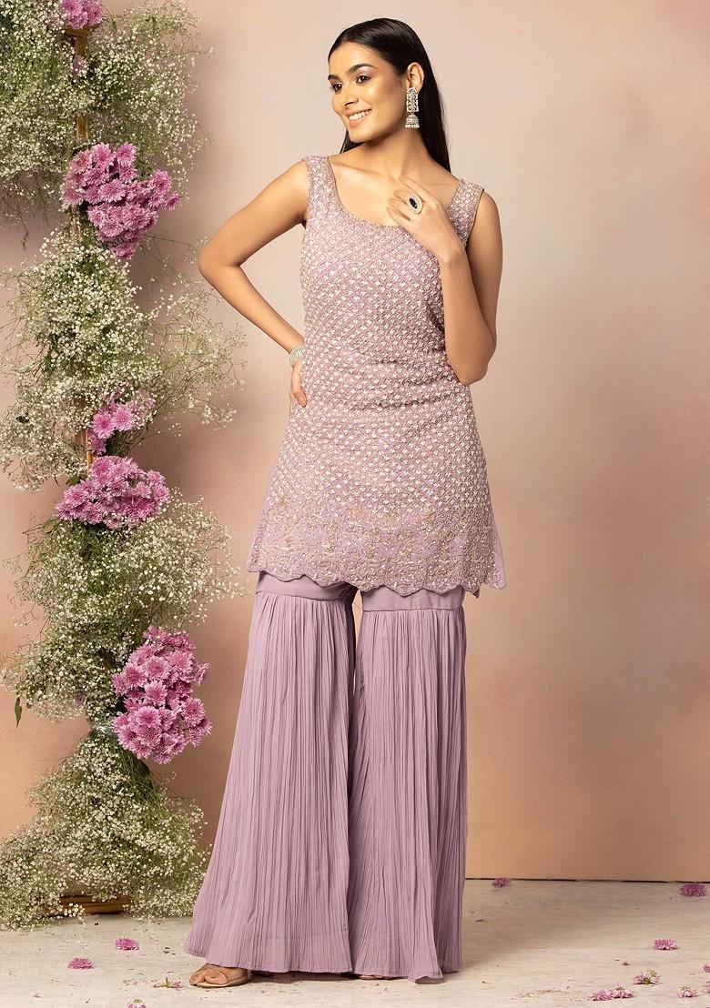 Buy Women Pastel Pink Pleated Sharara Set With Sequin Embellished Kurta