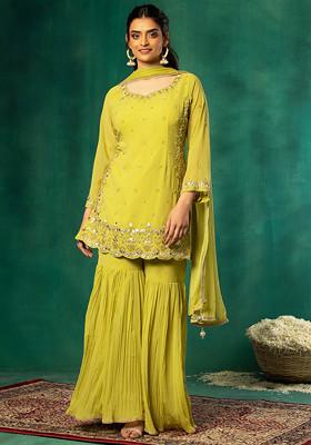 Lime Green Sharara Set With Sequin Hand Embroidered Short Kurta And Dupatta