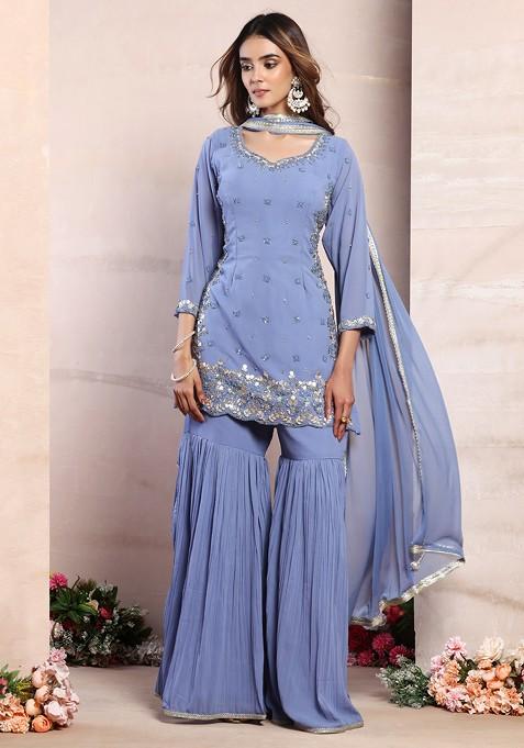 Steel Blue Sharara Set With Sequin Hand Embroidered Short Kurta And Dupatta