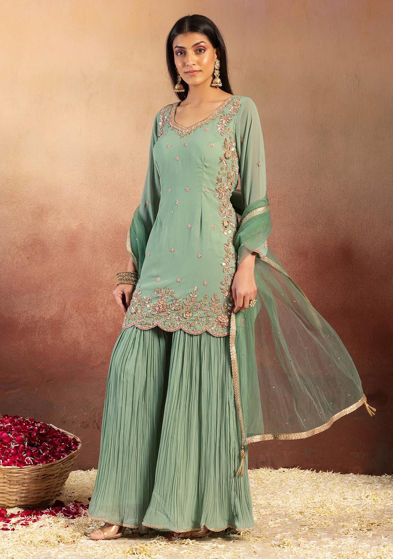 Olive Greenembroidered Short Kurta And Frill Sharara With Mukaish Net Dupatta