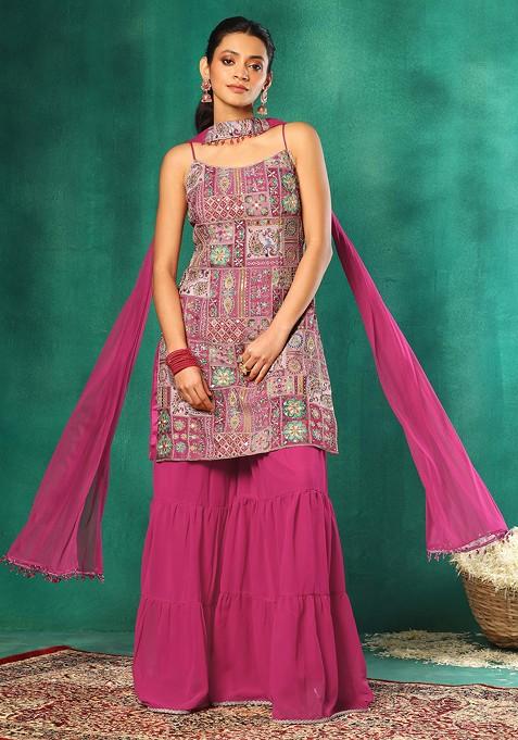 Pink Sharara Set With Abstract Print Swarovski Embellished Kurta And Choker Dupatta