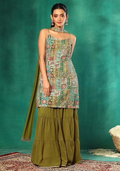 Green Sharara Set With Abstract Print Swarovski Embellished Kurta And Choker Dupatta