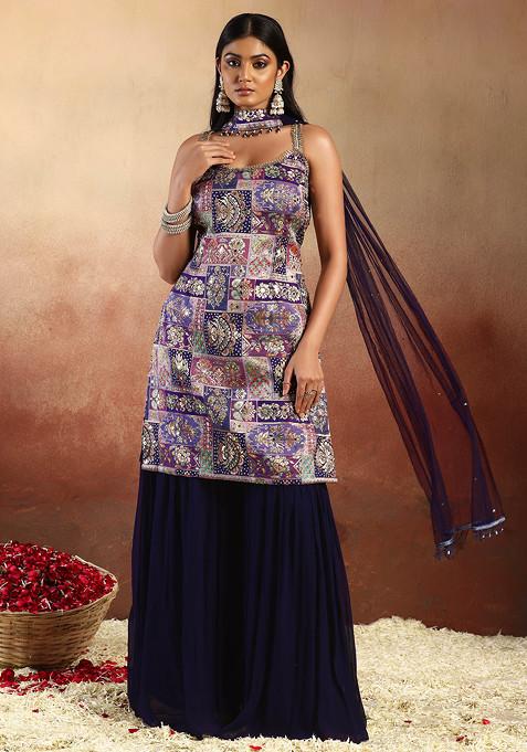 Dark Purple Sharara Set With Abstract Print Swarovski Embellished Kurta And Dupatta