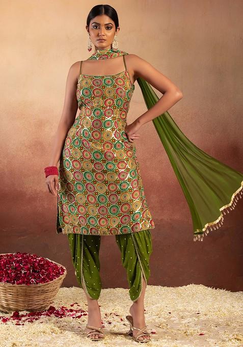 Olive Green Multicolour Abstract Print Embroidered Kurta Set With Tulip Pants And Dupatta