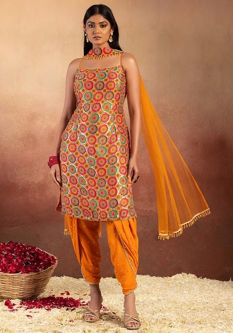 Mustard Multicolour Abstract Print Embroidered Kurta Set With Tulip Pants And Dupatta