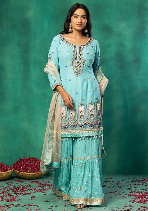 Light Blue Sequin Embroidered Sharara Set With Bead Embellished Kurta And Dupatta