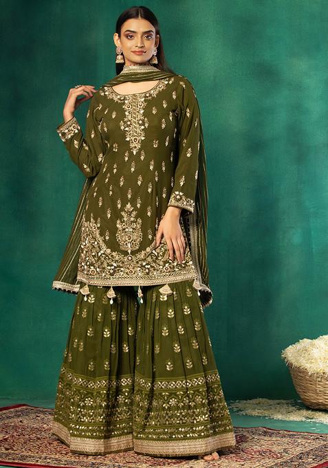 Olive Geometric Sequin Embroidered Sharara Set With Embellished Kurta And Dupatta
