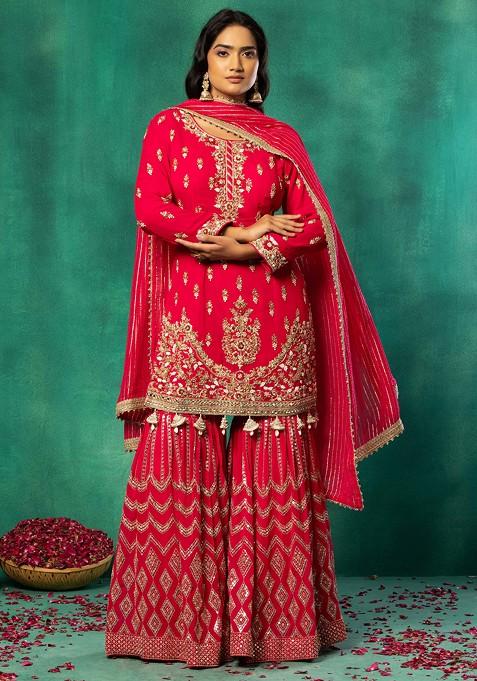 Pink Geometric Sequin Embroidered Sharara Set With Embellished Kurta And Dupatta