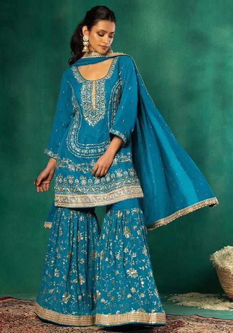 Sea Blue Floral Sequin Embroidered Sharara Set With Embellished Kurta And Dupatta