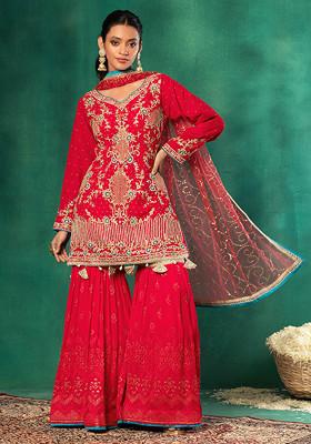 Deep Red Sequin Embroidered Sharara Set With Floral Embellished Kurta And Dupatta