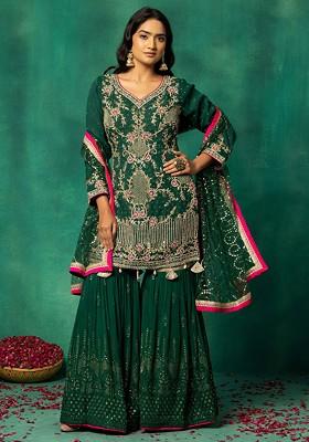 Deep Green Sequin Embroidered Sharara Set With Floral Embellished Kurta And Dupatta