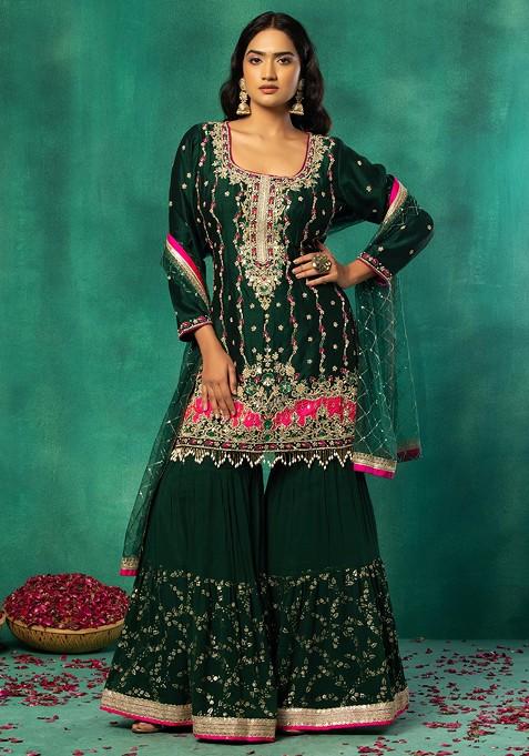 Deep Green Sequin Embroidered Sharara Set With Embellished Silk Kurta And Dupatta