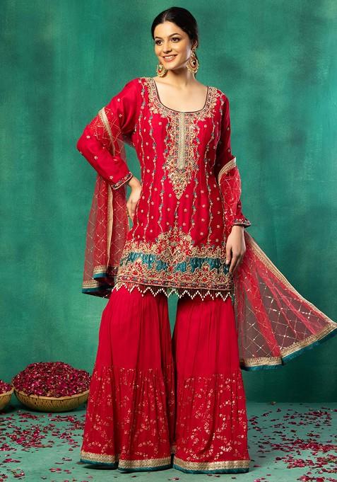 Rani Pink Sequin Embroidered Sharara Set With Embellished Silk Kurta And Dupatta