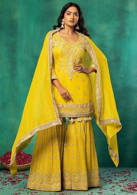 Yellow Embroidered Sharara Set With Bead Embellished Kurta And Dupatta
