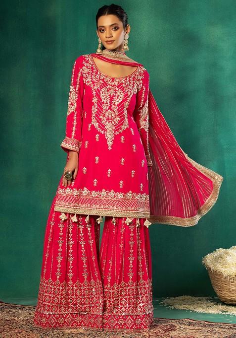 Hot Pink Embroidered Sharara Set With Bead Embellished Kurta And Dupatta