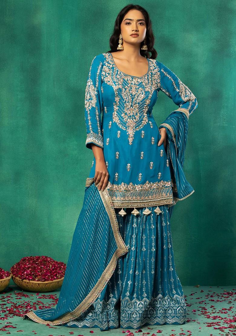 Buy Women Teal Embroidered Sharara Set With Short Kurta And Dupatta - Jewel  Tones - Indya