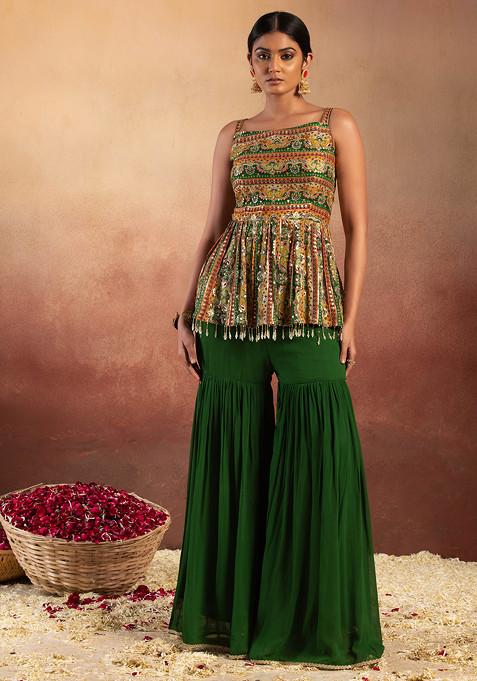 Floral Print Green and Off White Kurta & Sharara with maroon net dupatta
