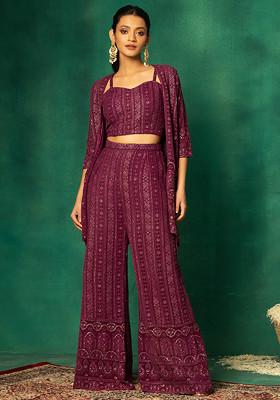 Maroon Sequin Embroidered Jacket Set With Embroidered Blouse And Palazzo