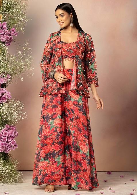 Pink Floral Print Sharara Set With Embroidered Blouse And Jacket