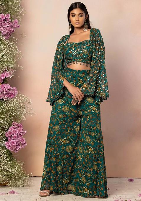 Green Floral Print Sharara Set With Embroidered Blouse And Jacket