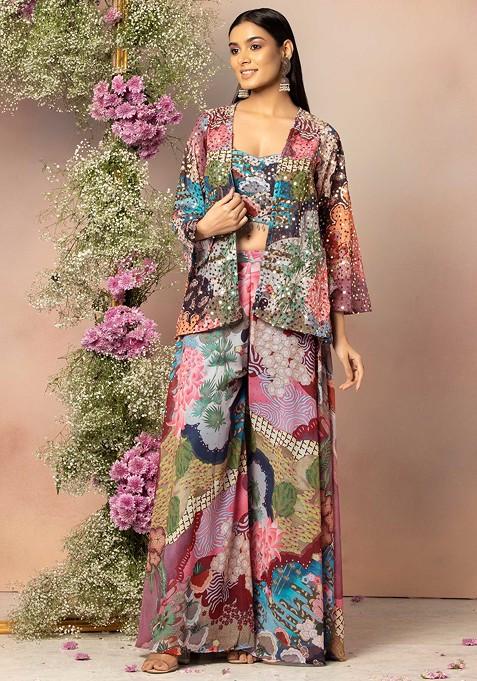Multicolour Floral Print Sharara Set With Blouse And Jacket