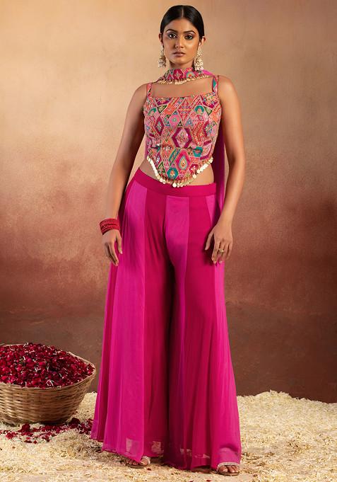 Pink Palazzo Set With Abstract Print Embroidered Jacquard Blouse And Choker Dupatta