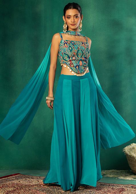 Teal Blue Palazzo Set With Abstract Print Embroidered Jacquard Blouse And Choker Dupatta