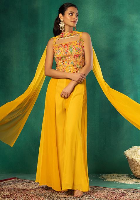 Mustard Palazzo Set With Abstract Print Embroidered Jacquard Blouse And Choker Dupatta