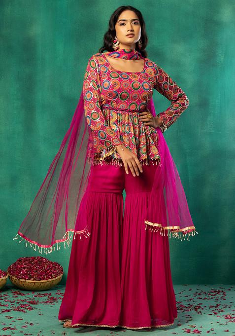 Pink Sharara Set With Abstract Print Embroidered Kurta And Choker Dupatta