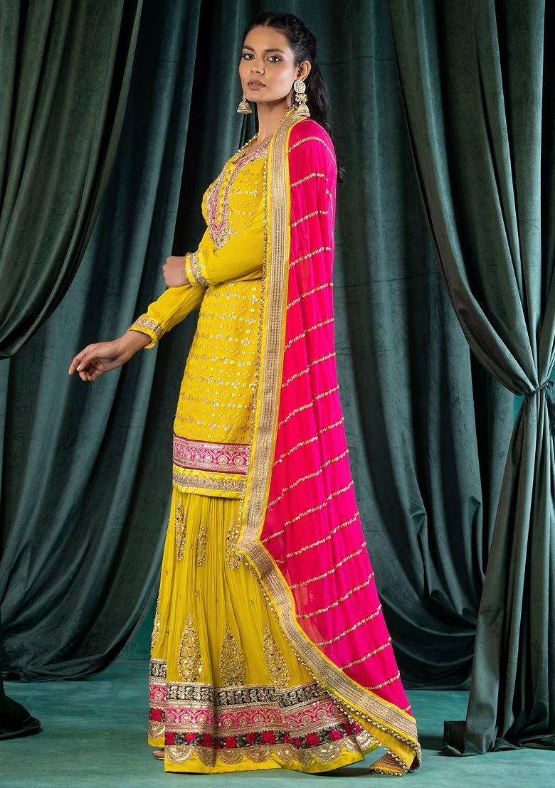 Yellow Embroidered Shoulder Straps Kurta & Sharara With Dupatta. main image 1