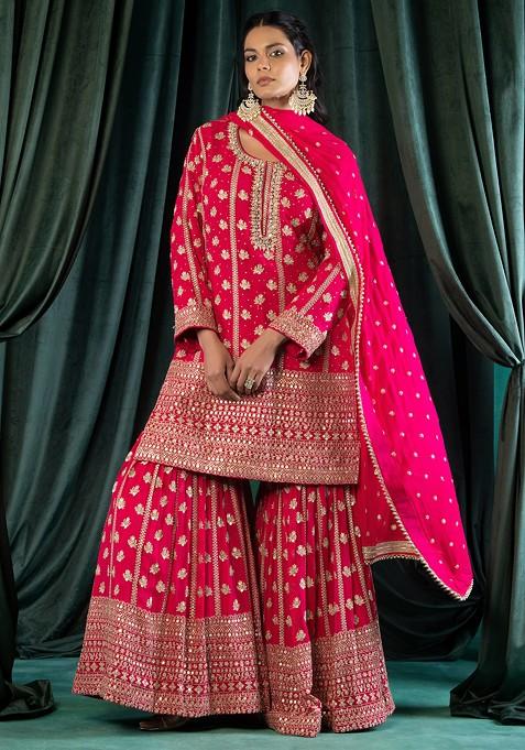 Hot Pink Sequin Zari Embroidered Sharara Set With Embroidered Kurta And Dupatta