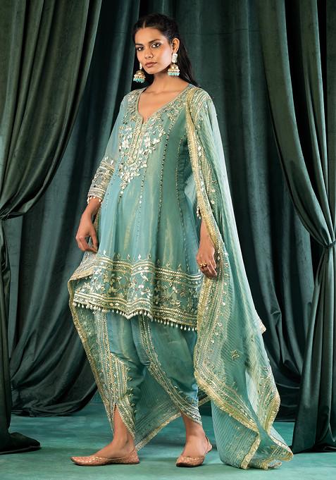 Sage Green Gota Patti And Mirror Embellished Kurta Set With Dhoti Pants And Dupatta