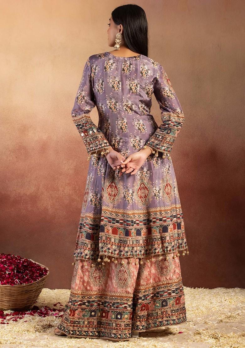 Girl's Floral Printed Kurta Sharara Set – Purple Bloom