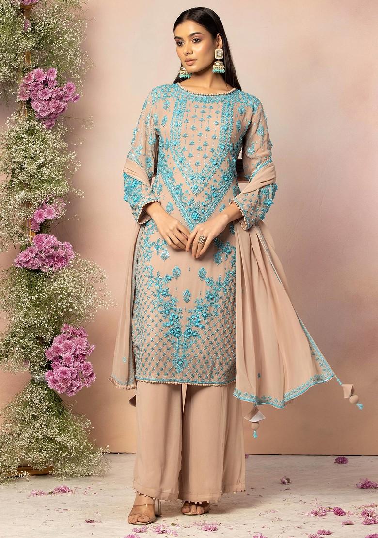 Mauve Colored Gold Printed Kurta Set With Solid Palazzo Embellished With Gotta