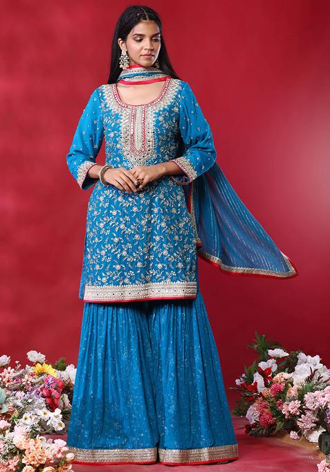 Teal Embroidered Sharara Set With Floral Mirror Embellished Kurta And Dupatta