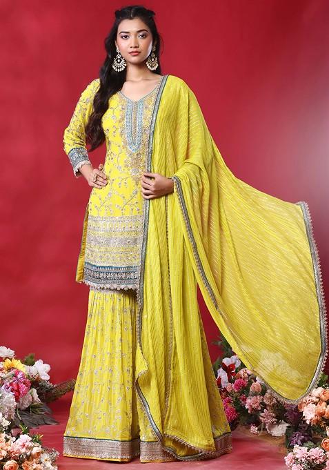 Lime Yellow Floral Embroidered Sharara Set With Swarovski Embellished Kurta And Dupatta