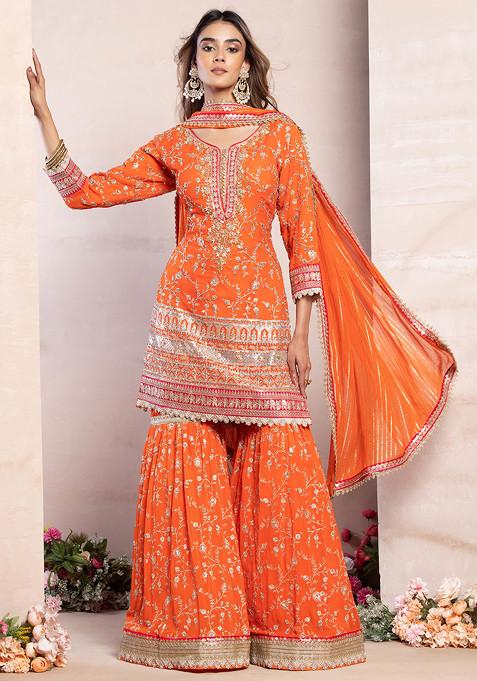 Orange Floral Embroidered Sharara Set With Swarovski Embellished Kurta And Dupatta