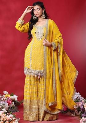 Mustard Zari Embroidered Sharara Set With Mirror Bead Embellished Kurta And Dupatta