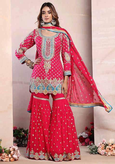 Rani Pink Sequin Boota Embroidered Sharara Set With Paisley Embroidered Kurta And Dupatta