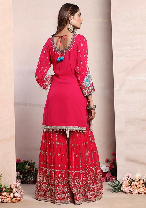 Aaryaa Pink Fendi Crush with Zari Sequins Embroidered Work Kurti Sharara Set
