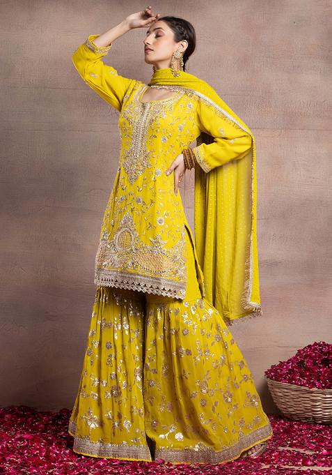 Mustard Floral Sequin Embroidered Sharara Set With Hand Embroidered Kurta And Dupatta
